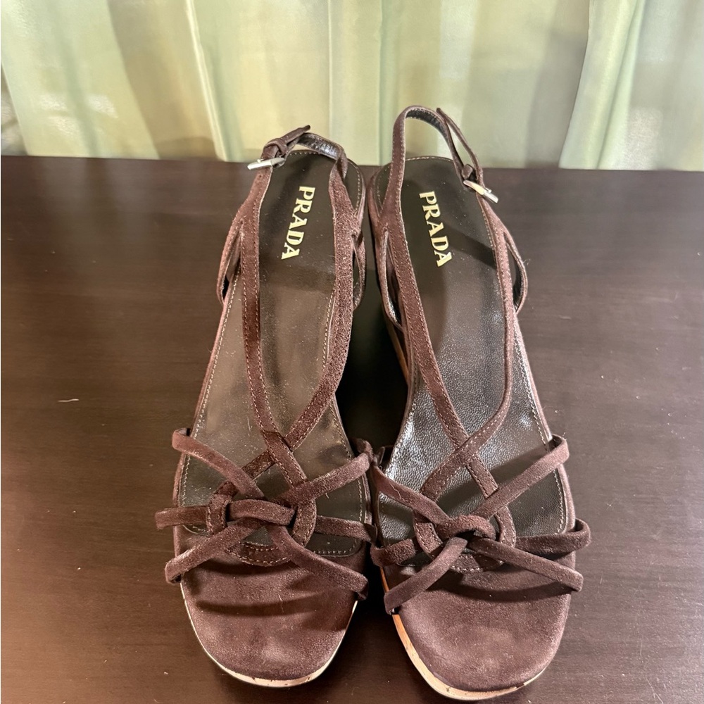 Prada Brown Suede Knot-Front Wedge Sandals - Picture 3 of 4